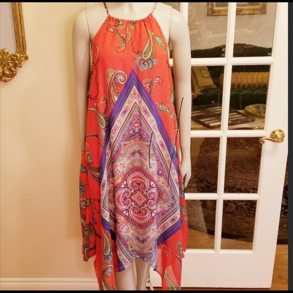 Red Bohemian Print Hankerchief Midi Dress - Picture 1 of 8